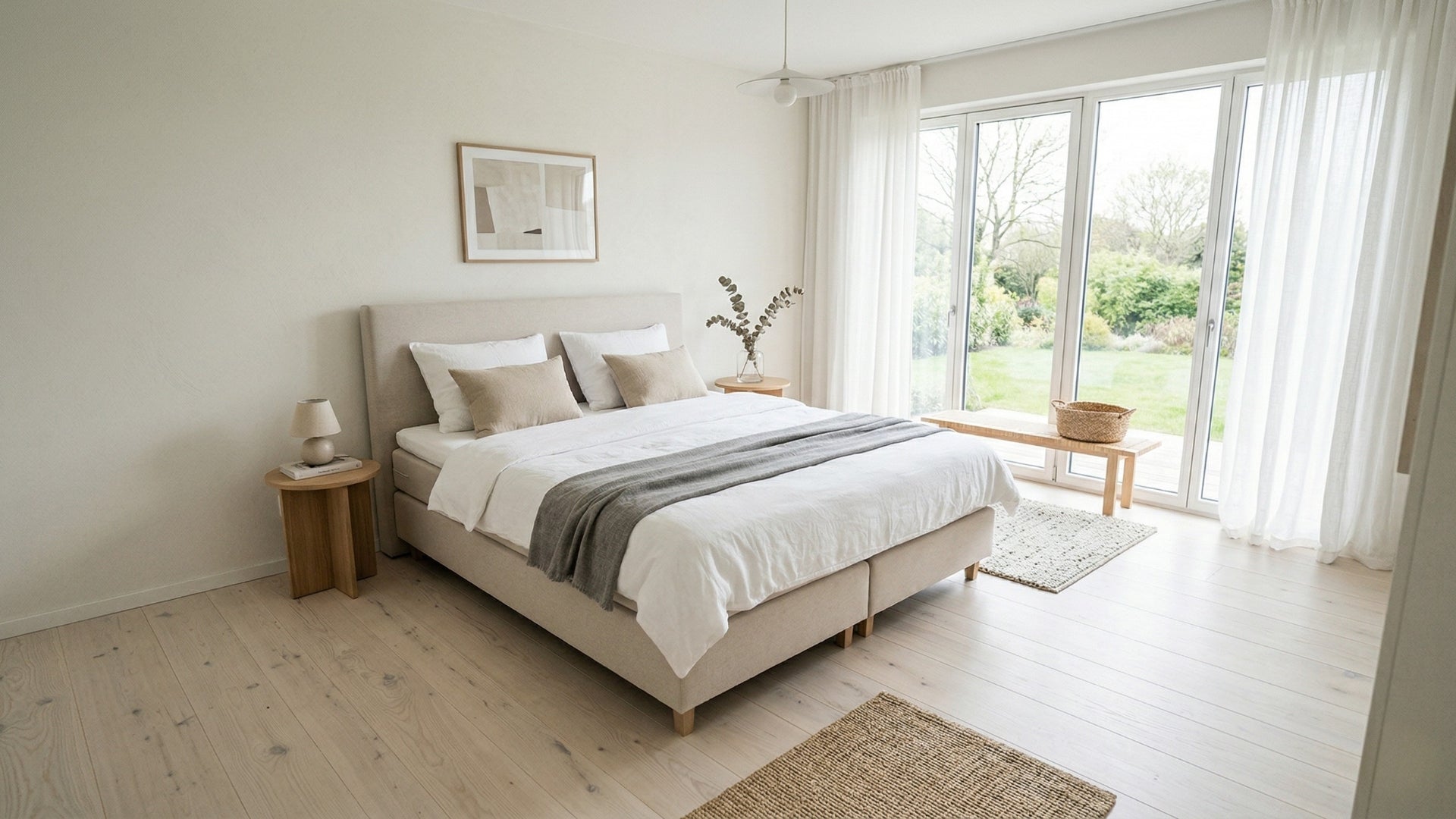 Großes Boxspringbett 180x200 in einem hellen modernen Schlafzimmer mit ausreichend Gehweg rundherum