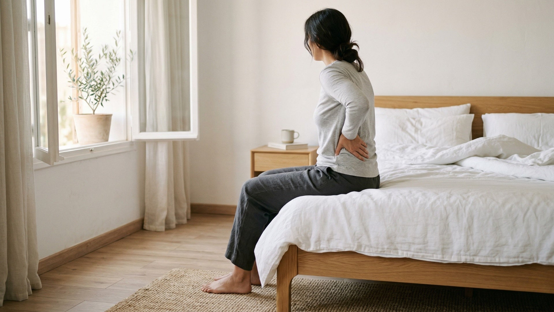 Person sitzt morgens auf der Bettkante und hält sich den unteren Rücken – Rückenschmerzen durch falsche Matratze