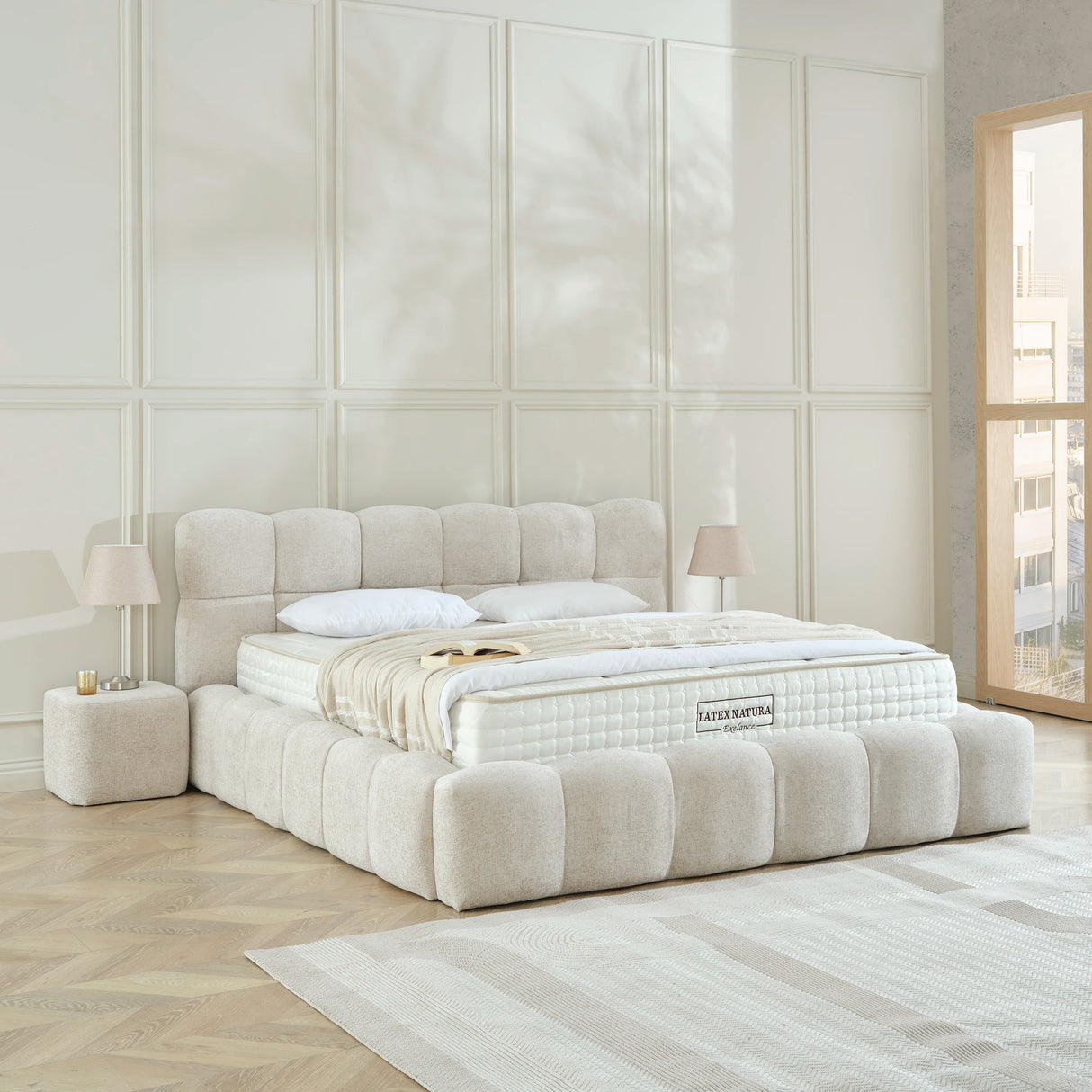 Designer Polsterbett BELO Boucle mit Stauraum