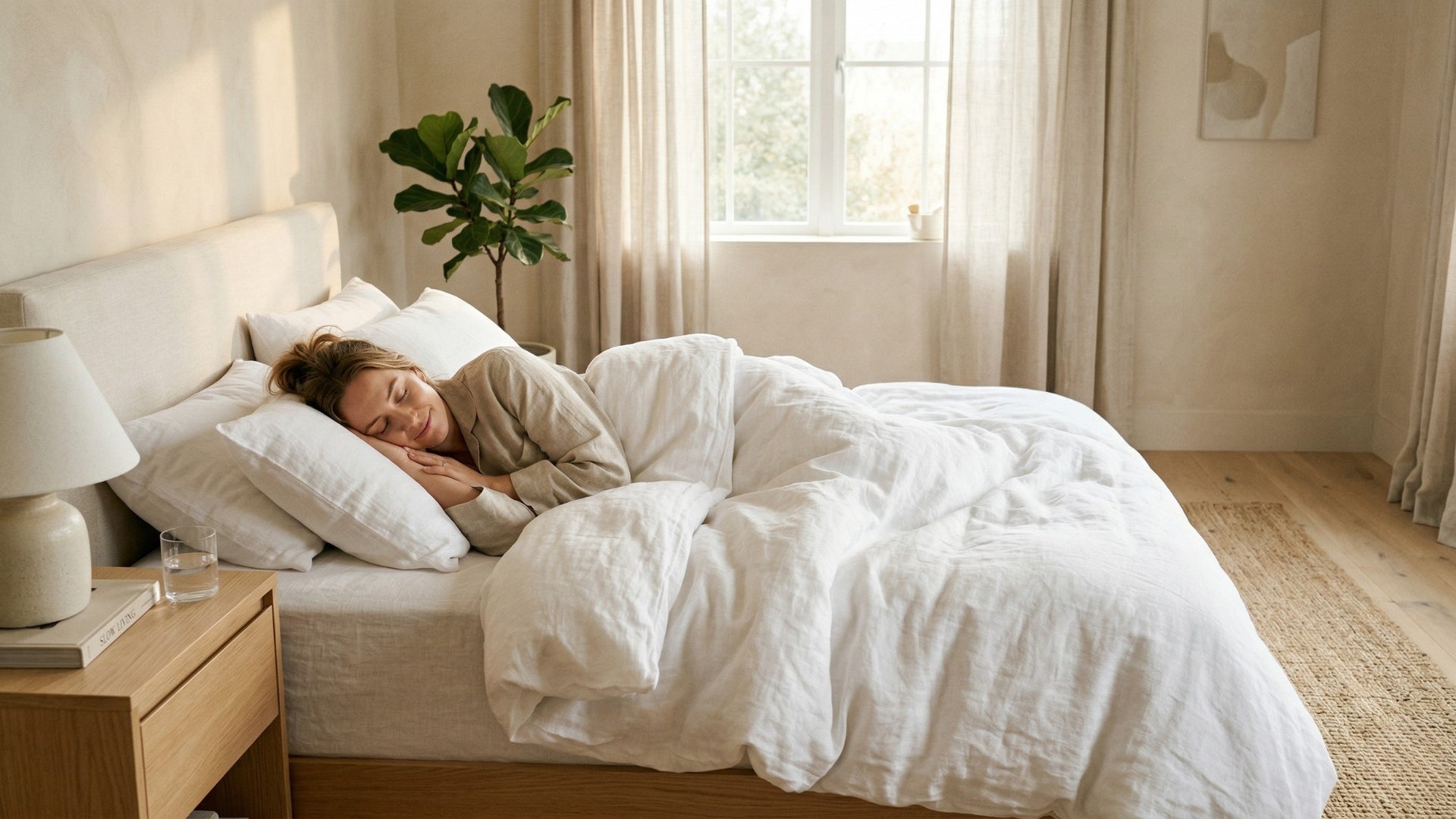 Person liegt entspannt in einem hochwertigen Bett mit weißer Bettwäsche und genießt erholsamen Schlaf dank guter Matratze