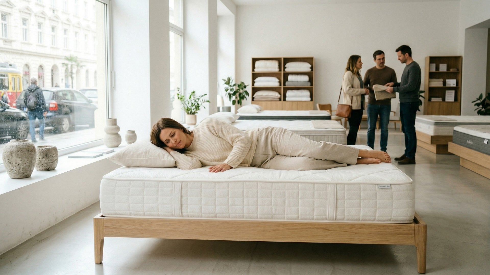 Kunde testet verschiedene Matratzen-Härtegrade im Hane Showroom Wien durch Probeliegen