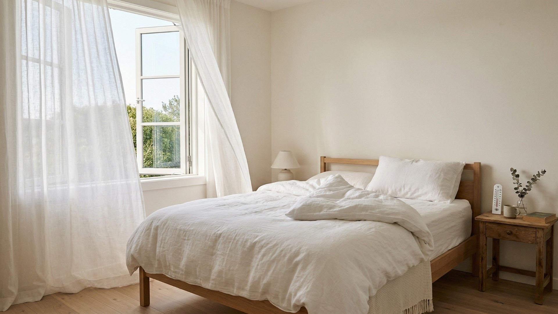 Helles Schlafzimmer mit offenem Fenster und leichter Bettwäsche für optimale Schlaftemperatur