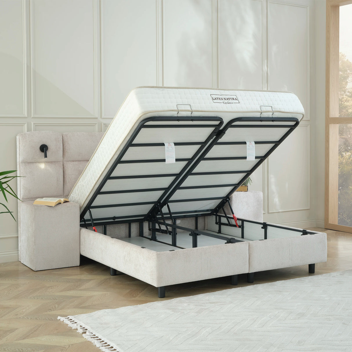 Designer Polsterbett HALLEY Boucle mit LED, Nachttische & Stauraum